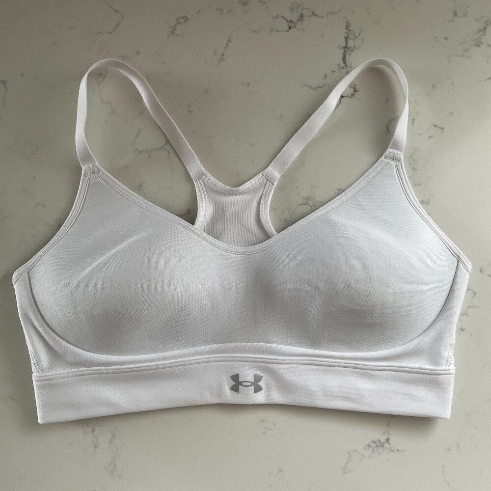 Under Armour Activewear Racer Back Poly Blend Padded Sports Bra White Sz S